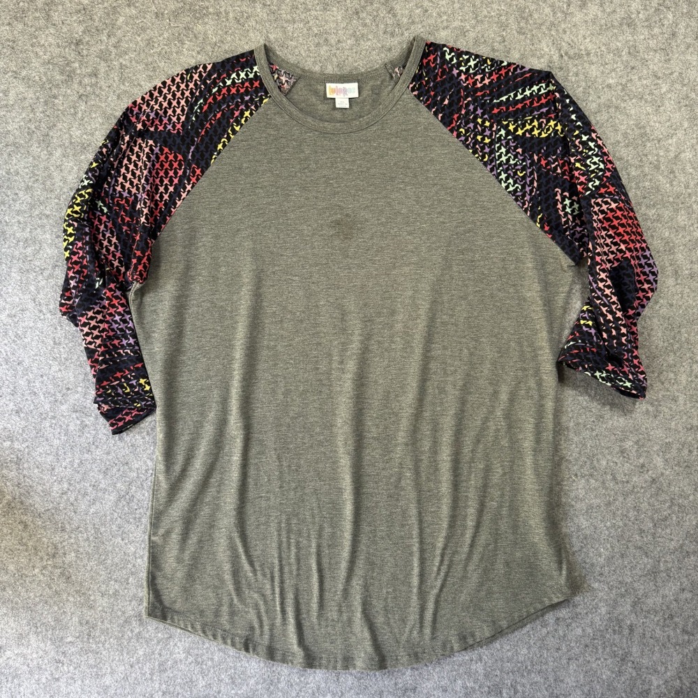 LuLaRoe Randy Baseball Tee XL Gray Multi-Color Geometric Raglan Sleeve